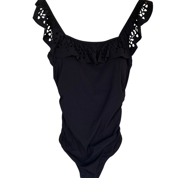 Gottex One Piece NWT Size 14 Ruffle Square Neck Black Romantic Embroidery - Picture 1 of 5